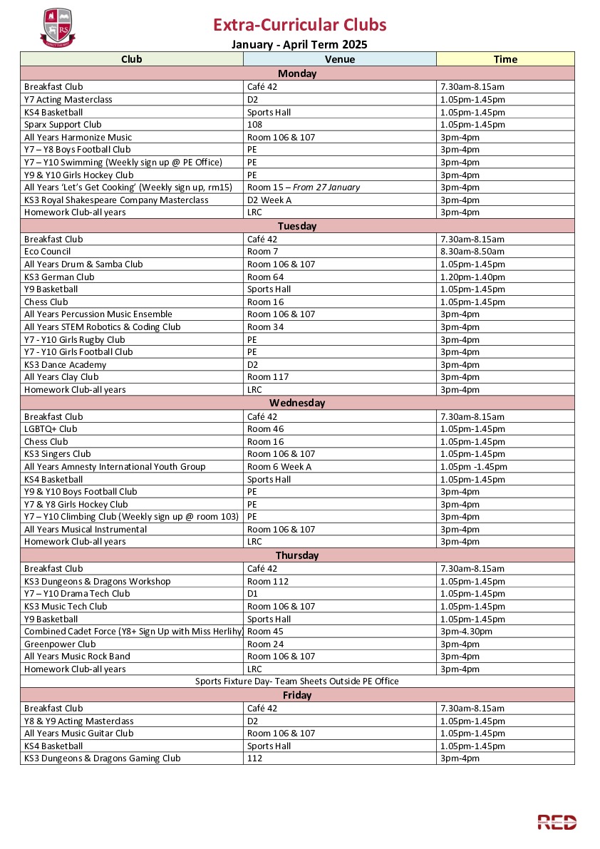 Extra Curricular Clubs 2024  2025