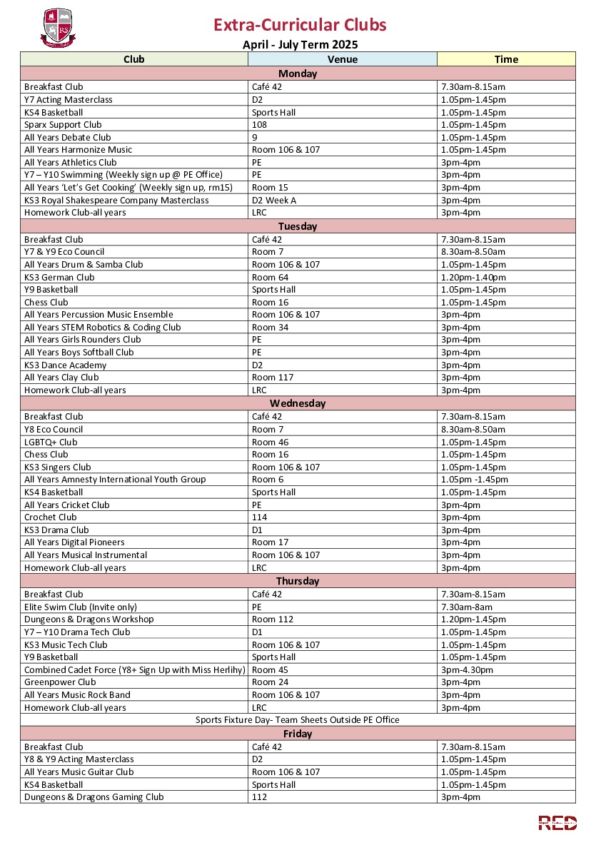 Extra Curricular Clubs Summer Term 2025