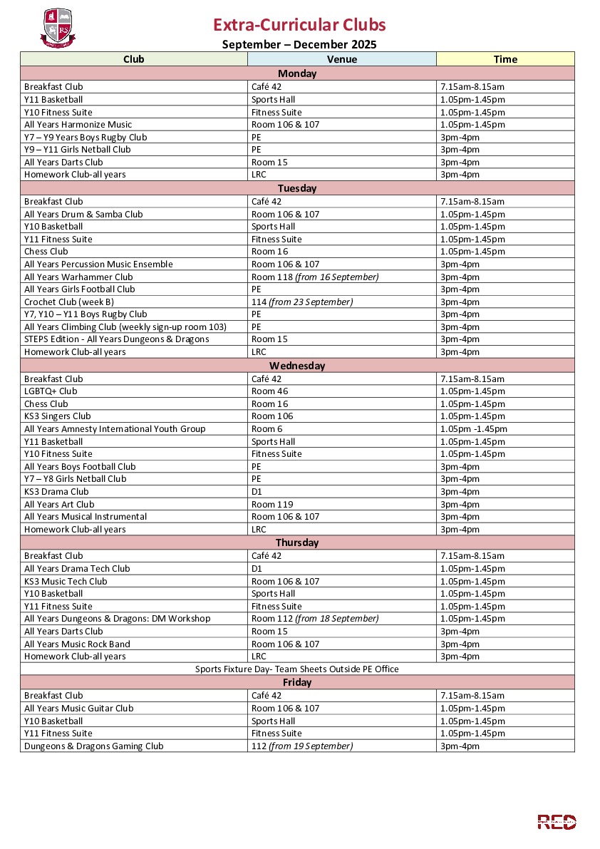 Extra Curricular Clubs Autumn 2025