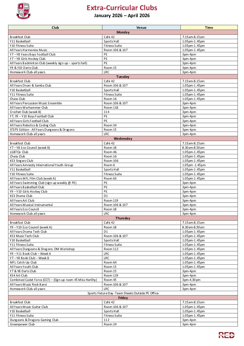 Extra Curricular Clubs 2025 26