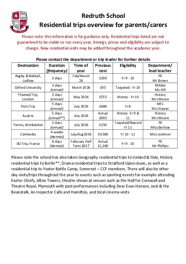 Annual school trips schedule 2025 2026
